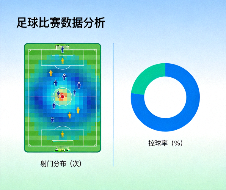 体育数据分析看板中展示的射门分布与控球率图表