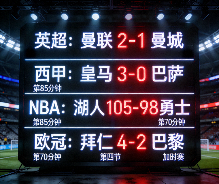 体育直播中心大屏幕上显示的多场赛事比分画面