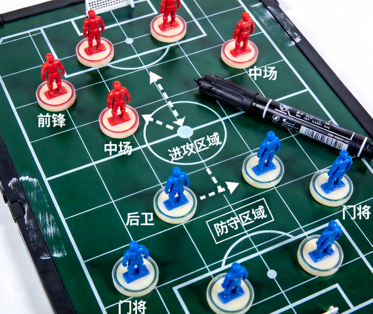 足球战术分析板上摆放的球员位置标记与比赛推演图示